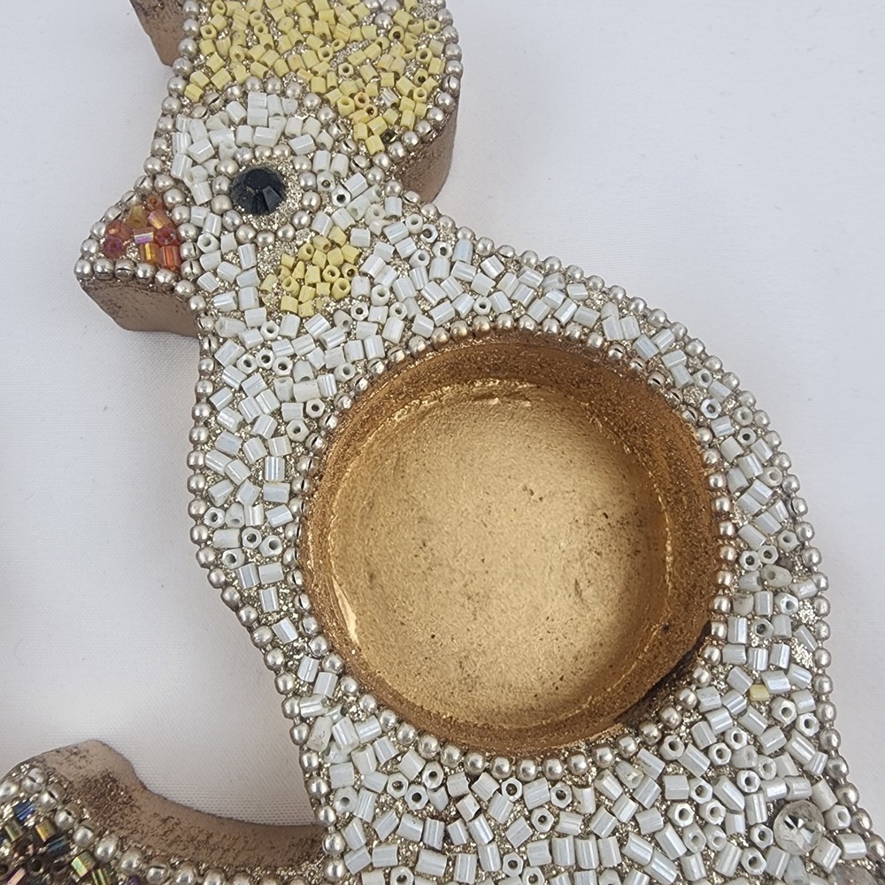 Set Of 2 Pier 1 Imports beaded Cockatiel Bird tea light holder Trinket Dish Gold - Picture 3 of 6